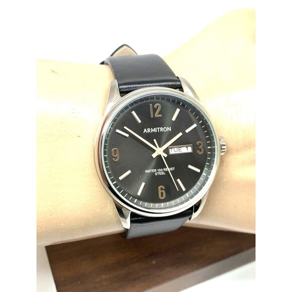 Armitron Men's Watch 20/5048SV Black Dial Day Date Quartz Leather Strap 40mm - Picture 11 of 14